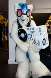 Size: 1951x2934 | Tagged: safe, artist:temperance, dj pon-3, vinyl scratch, human, cosplay, dubstep gun, fursuit, irl, irl human, photo, saints row, saints row iv