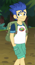 Size: 341x637 | Tagged: safe, screencap, flash sentry, equestria girls, legend of everfree, awkward smile, backpack, camp everfree outfits, clothes, cropped, hands in pockets, legs, male, shorts, solo