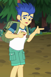 Size: 421x635 | Tagged: safe, screencap, flash sentry, equestria girls, legend of everfree, backpack, camp everfree outfits, clothes, cropped, finger gun, finger guns, legs, male, shorts, solo