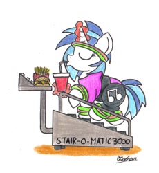 Size: 1206x1312 | Tagged: safe, artist:bobthedalek, dj pon-3, vinyl scratch, pony, unicorn, burger, clothes, exercise, failed workout, fast food, female, food, french fries, headband, leotard, solo, stairs, sweatband, this will end in weight gain, traditional art, treadmill, you're doing it wrong