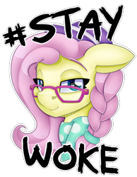 Size: 3577x4610 | Tagged: safe, alternate version, artist:partylikeanartist, fluttershy, pegasus, pony, fake it 'til you make it, alternate costumes, alternate hairstyle, braid, clothes, glasses, hashtag, hat, high res, hipster, hipster glasses, hipstershy, raised eyebrow, redbubble, scarf, shirt, simple background, smiling, smirk, smug, solo, sticker, t-shirt, text, transparent background, wingding eyes, woke