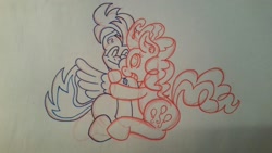 Size: 1200x675 | Tagged: safe, artist:dimvitrarius, pinkie pie, oc, oc:nimble wing, earth pony, pegasus, pony, canon x oc, cheek squish, female, hug, jewelry, male, necklace, shipping, sitting, spread wings, squishy cheeks, traditional art, wings