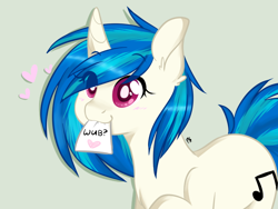 Size: 800x600 | Tagged: safe, artist:chibimlp-lover, dj pon-3, vinyl scratch, pony, unicorn, blushing, chest fluff, chibi, cute, ear fluff, eye clipping through hair, heart, mouth hold, solo, vinylbetes, wub