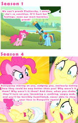 Size: 1838x2902 | Tagged: safe, fluttershy, pinkie pie, earth pony, pegasus, pony, season 1, season 4, comparison, flanderization, op is a slowpoke, slowpoke