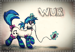 Size: 2466x1728 | Tagged: safe, artist:urbanhawk, dj pon-3, vinyl scratch, pony, unicorn, blue, bow, bowtie, clothes, collar, equestria daily, glasses, grin, heart, ipod, magic, mp3, mp3 player, photomanipulation, ponytail, pose, socks, solo, striped socks, traditional art, unzicker, walking, wub