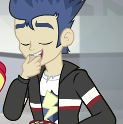 Size: 713x720 | Tagged: safe, screencap, flash sentry, eqg summertime shorts, equestria girls, good vibes, clothes, cropped, eyes closed, food, jacket, male, sushi