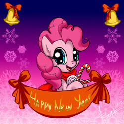 Size: 750x750 | Tagged: safe, artist:mnimorea, pinkie pie, pony, banner, bell, candy, candy cane, food, gradient background, happy new year, holiday, snow, snowflake, solo
