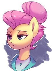 Size: 1073x1453 | Tagged: safe, artist:lispp, fluttershy, pegasus, pony, fake it 'til you make it, alternate hairstyle, bust, clothes, female, mare, portrait, severeshy, smiling, solo