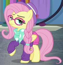 Size: 580x600 | Tagged: safe, screencap, fluttershy, pegasus, pony, fake it 'til you make it, clothes, cropped, female, glasses, hipstershy, hot pants, lidded eyes, mare, raised hoof, solo