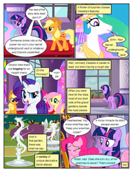 Size: 612x792 | Tagged: safe, artist:newbiespud, edit, edited screencap, screencap, applejack, discord, fluttershy, pinkie pie, princess celestia, rarity, twilight sparkle, unicorn twilight, alicorn, draconequus, earth pony, pegasus, pony, unicorn, comic:friendship is dragons, the return of harmony, big crown thingy, bipedal, comic, dialogue, ethereal mane, eyes closed, female, freckles, frown, hat, implied rainbow dash, jewelry, laughing, mare, petrification, peytral, raised hoof, regalia, screencap comic, smiling, smirk, statue, worried