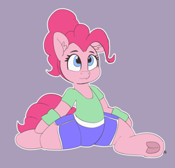 Size: 5734x5500 | Tagged: safe, artist:pabbley, pinkie pie, earth pony, pony, semi-anthro, 30 minute art challenge, absurd resolution, clothes, cute, diapinkes, ear fluff, frog (hoof), hoofbutt, purple background, simple background, solo, splits, underhoof, workout outfit