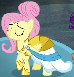 Size: 950x980 | Tagged: safe, screencap, fluttershy, pegasus, pony, fake it 'til you make it, clothes, cropped, dress, eyes closed, rarity for you, solo focus, warrior of inner strength, warriorshy