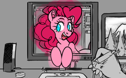 Size: 2400x1500 | Tagged: safe, artist:prismspark, pinkie pie, earth pony, human, pony, breaking the fourth wall, computer, cute, graphics tablet, partial color, pov, smiling, solo focus