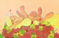 Size: 1280x828 | Tagged: safe, artist:bow2yourwaifu, applejack, earth pony, pony, apple, belly button, bellyrubs, ear fluff, love, on back, petting, solo, that pony sure does love apples, waifu