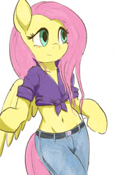 Size: 693x1067 | Tagged: safe, artist:raikoh, fluttershy, pegasus, pony, semi-anthro, spoiler:comic64, arm hooves, belly button, belt, bipedal, clothes, curvy, cute, female, front knot midriff, hourglass figure, jeans, looking away, midriff, pants, shyabetes, simple background, solo, traditional art, white background, wings