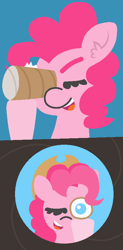 Size: 442x895 | Tagged: safe, artist:threetwotwo32232, pinkie pie, earth pony, pony, applejack's hat, comic, cowboy hat, ear fluff, female, hat, mare, self ponidox, toilet paper roll, what does she see