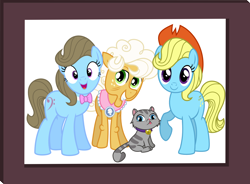 Size: 1826x1344 | Tagged: safe, artist:punzil504, beauty brass, blewgrass, goldie delicious, pitch perfect, cat, earth pony, pony, apple family member, background pony, bass clef, bowtie, bust, female, mare, portrait, raised hoof, simple background, vector, white background