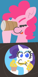 Size: 442x895 | Tagged: safe, artist:threetwotwo32232, pinkie pie, rarity, earth pony, pony, unicorn, comic, cupcake, ear fluff, female, food, mare, toilet paper roll, what does she see