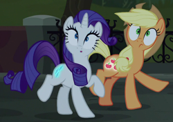 Size: 724x513 | Tagged: safe, screencap, applejack, rarity, earth pony, pony, unicorn, made in manehattan, :o, applejack's damaged hat, booty call, frown, glowing cutie mark, open mouth, raised hoof, raised leg, wide eyes