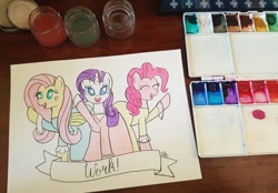 Size: 1024x712 | Tagged: safe, artist:mtfc1029, fluttershy, pinkie pie, rarity, pegasus, pony, unicorn, and peggy, angelica schuyler, clothes, crossover, dress, eliza schuyler, hamilton, peggy schuyler, the schuyler sisters, traditional art