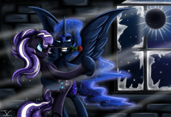 Size: 1250x855 | Tagged: safe, artist:jamescorck, nightmare moon, nightmare rarity, pony, bedroom eyes, bipedal, dancing, duality, eclipse, grin, mouth hold, rose, self ponidox, selfcest, ship:dance of the nightmares, shipping, smiling, solar eclipse, sparkle, tango, time paradox