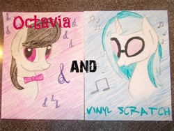 Size: 1000x750 | Tagged: safe, artist:broniez22x, dj pon-3, octavia melody, vinyl scratch, earth pony, pony, unicorn, black mane, female, gray coat, horn, mare, two toned mane, white coat