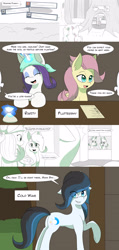 Size: 2000x4200 | Tagged: safe, artist:jase1505, fluttershy, rarity, oc, oc:cold wave, earth pony, pegasus, pony, unicorn, comic:spiraling together, alternate hairstyle, alternate universe, comic, magic, sunjackspiral, telekinesis