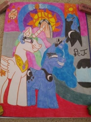 Size: 1072x1440 | Tagged: artist needed, source needed, useless source url, safe, princess celestia, princess luna, alicorn, pony, sparkle's seven, banner, female, looking at each other, mare, scene interpretation, traditional art