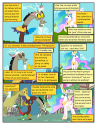 Size: 612x792 | Tagged: safe, artist:newbiespud, edit, edited screencap, screencap, discord, princess celestia, alicorn, draconequus, pony, comic:friendship is dragons, the return of harmony, big crown thingy, bowing, comic, dialogue, ethereal mane, eyes closed, female, hoof shoes, jewelry, male, mare, peytral, raised hoof, regalia, screencap comic, smiling, worried