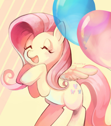 Size: 526x600 | Tagged: safe, artist:mizoreame, fluttershy, pegasus, pony, abstract background, balloon, cute, eyes closed, female, mare, raised hoof, rearing, shyabetes, solo