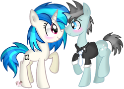 Size: 1024x732 | Tagged: safe, artist:sparkle-bliss, dj pon-3, neon lights, rising star, vinyl scratch, pony, unicorn, backwards cutie mark, blushing, female, male, missing accessory, shipping, simple background, straight, transparent background, vinylights