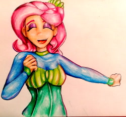 Size: 2569x2399 | Tagged: safe, artist:nolyanimeid, fluttershy, better together, equestria girls, so much more to me, clothes, female, makeup, open mouth, singing, solo, traditional art