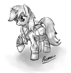 Size: 846x865 | Tagged: safe, artist:premann, oc, oc only, oc:littlepip, pony, unicorn, fallout equestria, bandage, black and white, clothes, fanfic, fanfic art, female, grayscale, hooves, horn, mare, monochrome, pipbuck, saddle bag, simple background, sketch, solo, vault suit, white background