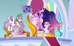 Size: 1027x640 | Tagged: safe, artist:unoriginai, edit, edited screencap, screencap, princess celestia, princess twilight 2.0, spike, sweetie belle, twilight sparkle, twilight sparkle (alicorn), oc, oc:lotus lullaby, oc:prince dawn, oc:princess dusk, alicorn, dracony, dragon, earth pony, hybrid, pegasus, pony, the last problem, baby, baby pony, bedroom eyes, blushing, cute, female, gigachad spike, interspecies offspring, lesbian, magical lesbian spawn, male, offspring, older, older spike, older twilight, parent:princess celestia, parent:spike, parent:sweetie belle, parent:twilight sparkle, parents:spikebelle, parents:twilestia, pink-mane celestia, ring, shipping, size difference, spikebelle, straight, twilestia, wavy mouth, wedding ring