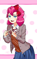 Size: 700x1099 | Tagged: safe, artist:sonikku001, pinkie pie, human, crossover, doki doki literature club, female, humanized, pinkie sayori, sayori, solo