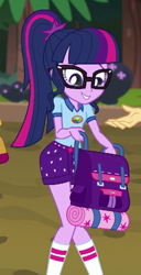 Size: 294x575 | Tagged: safe, screencap, flash sentry, sci-twi, twilight sparkle, equestria girls, legend of everfree, backpack, camp everfree outfits, clothes, cropped, female, glasses, hand, implied sunset shimmer, legs, offscreen character, ponytail, shorts, socks