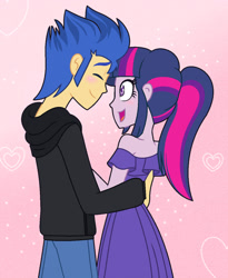 Size: 1024x1251 | Tagged: safe, artist:flashlightisthebest, flash sentry, twilight sparkle, twilight sparkle (alicorn), alicorn, better together, equestria girls, blushing, clothes, couple, cute, diasentres, dress, eyes closed, female, flashlight, heart, hoodie, male, open mouth, pink background, sciflash, shipping, simple background, smiling, straight, twiabetes