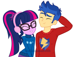 Size: 1280x1005 | Tagged: safe, artist:ro994, flash sentry, sci-twi, twilight sparkle, equestria girls, equestria girls series, clothes, couple, earmuffs, eyes closed, female, flashlight, glasses, grin, hand on head, male, ponytail, sciflash, shipping, simple background, smiling, straight, sweater, transparent background, vector, watermark