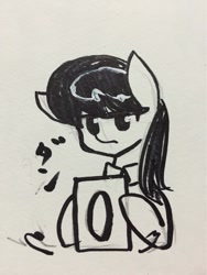 Size: 768x1024 | Tagged: safe, artist:yukimaki, octavia melody, earth pony, pony, monochrome, reaction image, score cards, solo, traditional art