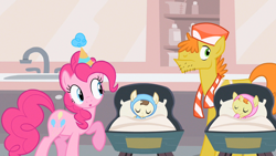 Size: 1280x720 | Tagged: safe, screencap, carrot cake, pinkie pie, pound cake, pumpkin cake, pony, baby cakes, baby, baby pony