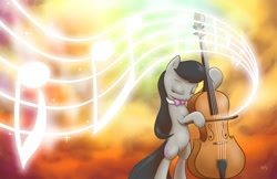 Size: 1280x828 | Tagged: safe, artist:sycotei-b, octavia melody, earth pony, pony, cello, eyes closed, music notes, musical instrument, solo