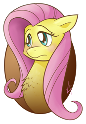 Size: 645x928 | Tagged: safe, artist:theinkbot, fluttershy, pegasus, pony, abstract background, blushing, bust, chest fluff, female, frown, mare, shy, simple background, solo, transparent background