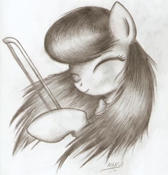 Size: 1054x1092 | Tagged: safe, artist:nika191319, octavia melody, earth pony, pony, bow (instrument), bust, eyes closed, grayscale, monochrome, portrait, solo, traditional art