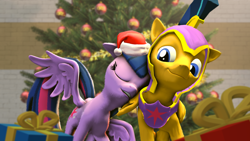 Size: 3840x2160 | Tagged: safe, artist:twilighlot, flash sentry, twilight sparkle, twilight sparkle (alicorn), alicorn, 3d, armor, christmas, christmas tree, female, flashlight, hat, holiday, love, male, present, santa hat, shipping, soldier, source filmmaker, straight, time, tree
