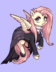 Size: 600x764 | Tagged: safe, artist:misukitty, fluttershy, pegasus, pony, fake it 'til you make it, female, fluttergoth, mare, purple background, simple background, solo