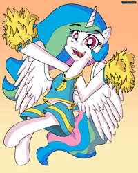 Size: 2804x3504 | Tagged: safe, artist:theclassicthinker, princess celestia, alicorn, pony, cheerleader, cheerleader outfit, clothes, cute, cutelestia, female, gradient background, looking at you, mare, midriff, open mouth, pom pom, skirt, solo, tanktop