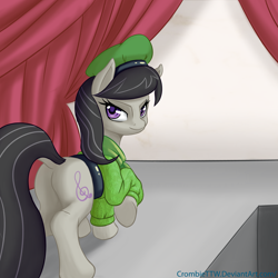 Size: 2500x2500 | Tagged: safe, artist:crombiettw, octavia melody, earth pony, pony, bedroom eyes, butt, clothes, curtain, dock, female, hat, looking at you, looking back, mare, plot, raised tail, solo, underhoof