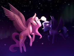 Size: 1280x978 | Tagged: safe, artist:amyszek, princess celestia, princess luna, alicorn, pony, aurora borealis, duo, eye contact, female, flying, glowing horn, horn, horns are touching, looking at each other, magic, mare, night, pink-mane celestia, remake, s1 luna, siblings, signature, sisters, younger