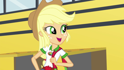 Size: 1280x720 | Tagged: safe, screencap, applejack, equestria girls, legend of everfree, camp everfree outfits, cowboy hat, cute, duffle bag, female, freckles, hat, open mouth, school bus, solo, stetson