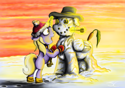 Size: 1250x878 | Tagged: safe, artist:jamescorck, dinky hooves, boots, carrot, clothes, gloves, hat, magic, pipe, scarf, snow, snowpony, solo, winter